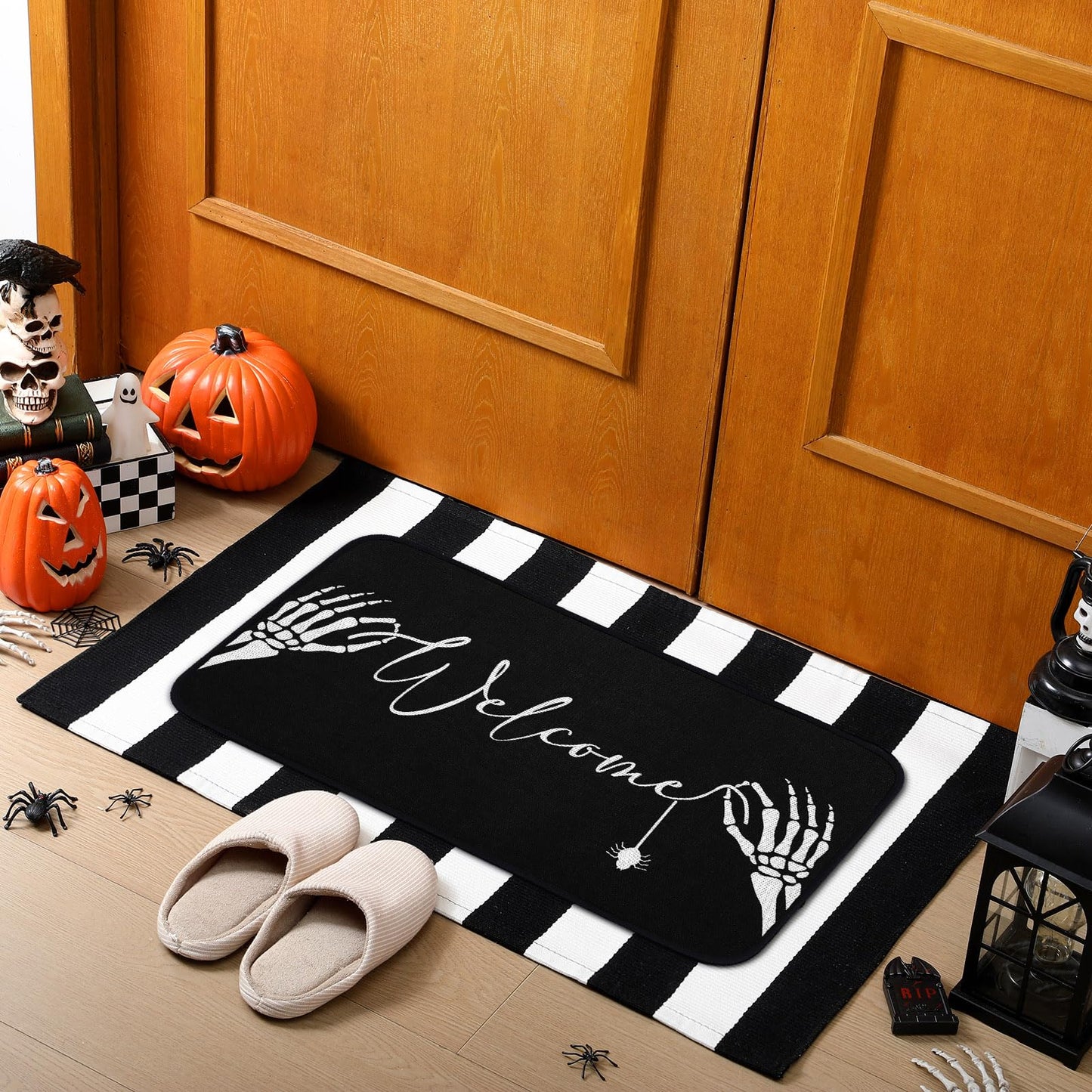 Tinideya 2 Pcs Summer Halloween Door Mats Outdoor Gothic Skull Welcome Front Doormat Linen Rubber Layered Black White Striped Skeleton Mats Nonslip Washable Halloween Decor for Front Porch Entryway
