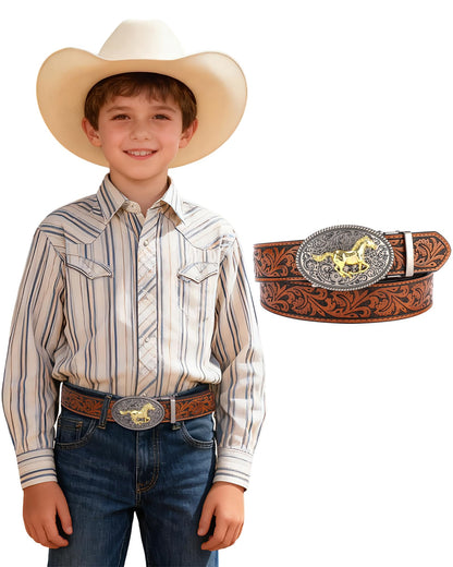 AWAYTR Kids Ratchet Western Belt - PU Leather Cowboy Belt Adjustable Toddler to Big Kid Sizes for Jeans (Gunmetal Gold Horse-Brown, Fit Waist: 23"-26")