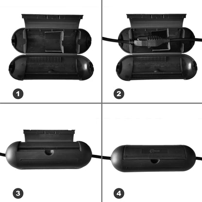 4 Pack Extension Cord Protective Cover Set (Black) | Indoor Outdoor Water-Resistant Holder for Holiday String Lights and Wires | Capsule Shaped Protector with Large Compartment