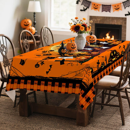 Hexagram Halloween Tablecloth Rectangle 60 x 84 inches, Ghost Pumpkin Plaid Table Cloth, Halloween Decor, Black Castle Tablecloth, Washable Orange Table Cloth for Party Picnic Dinner Decor