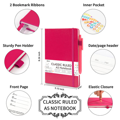 feela 12 Pack Notebooks Journals Bulk, Hardcover Notebook Classic Ruled Lined Journals with Pen Holder for Women Girls School Business Supplies, with 12 Black Pens, 120 GSM, 5.1”x8.3”, A5, Berry