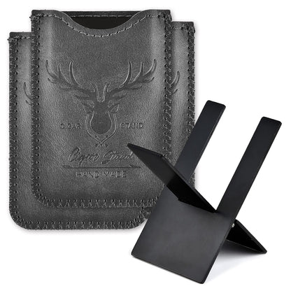 Menesia 3 Pieces Black Stainless Foldable Cigar Stand Holder with Travel PU Leather Case,Lightweight Steel Portable Cigar Cigarette Display Shelf Tray