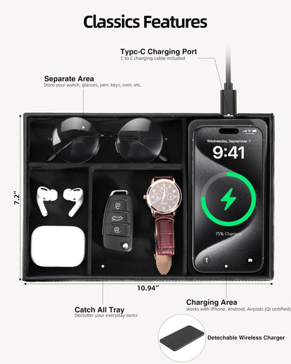 Investme Valet Tray with Wireless Charger, Nightstand Organizer for Men, EDC Catchall Tray for Keys, Watch, Wallet, Jewellery, Premium Vegan Leather, Bedside Caddy, Stylish and Organized, PU Black