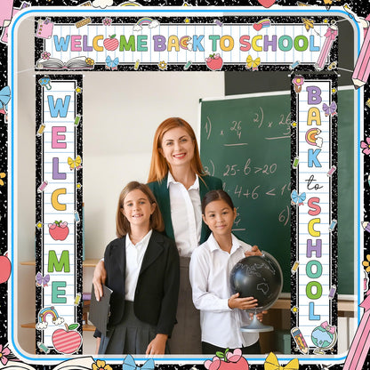 Fanfanwin 3 Pcs Welcome Back to School Banner Pastel Composition First Day of School Decoration Learning Party Supplies for Teacher Kindergarten Primary Classroom Decoration