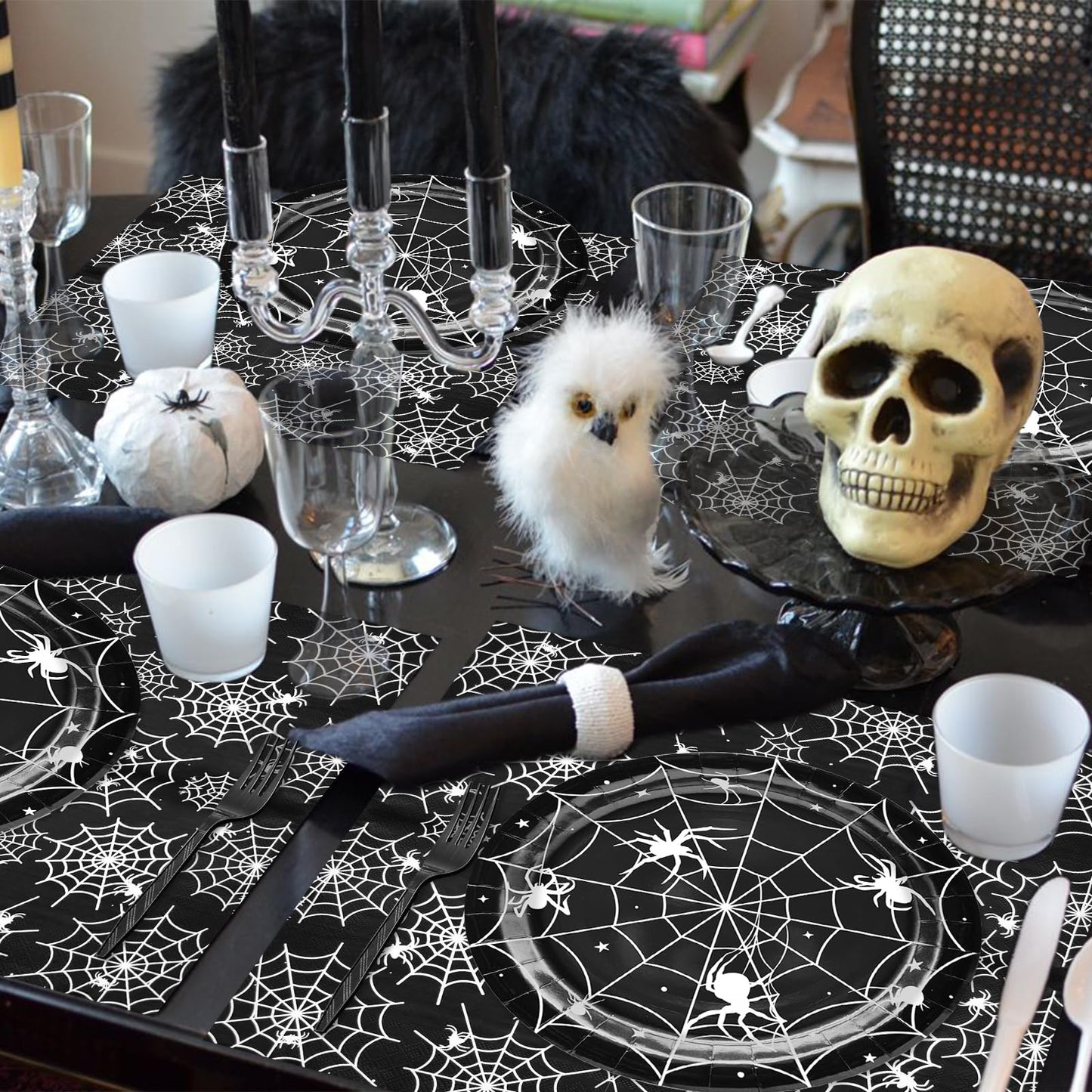 96 Pieces Halloween Spider Web Tableware Set Party Supplies – Disposable Plates, Napkins, and Forks, Black and White Spider Design for Halloween Haunted House Trick or Treat Event, Serves 24 Guests