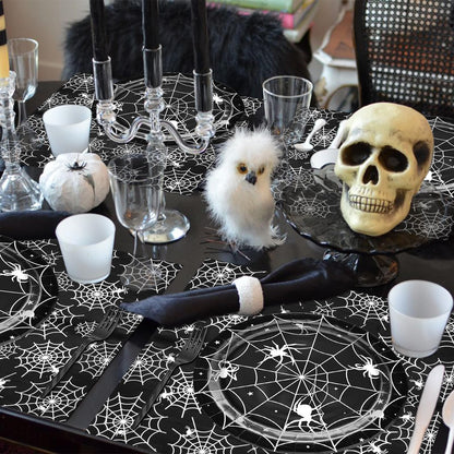 96 Pieces Halloween Spider Web Tableware Set Party Supplies – Disposable Plates, Napkins, and Forks, Black and White Spider Design for Halloween Haunted House Trick or Treat Event, Serves 24 Guests