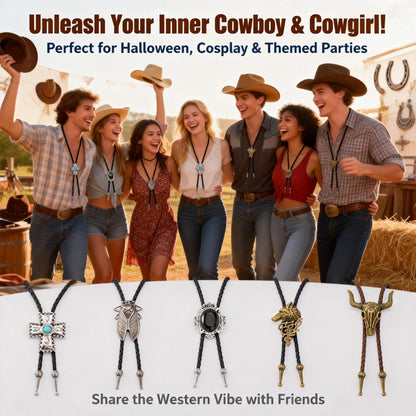 INSYOHO 5 Pcs Western Cowboy Bolo Tie for Men Women Native American Turquoise Cross Leather Necktie Rodeo Costume Necklace Accessories with Cicada, Fox Head, Bull Head Pendant Designs