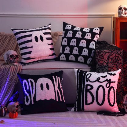 Beeveer 4 Pcs Halloween Throw Pillow Covers Set 18x18 Inch White Crochet Cute Ghost Pillow Case Embroidered Cushion Covers for Halloween Horror Farmhouse Couch Sofa Room Decor