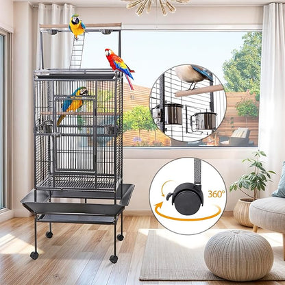 HSM 68 Inch Wrought Iron Large Bird Flight Cage with Rolling Stand for African Grey Parrot Cockatiel Sun Parakeet Conure Lovebird