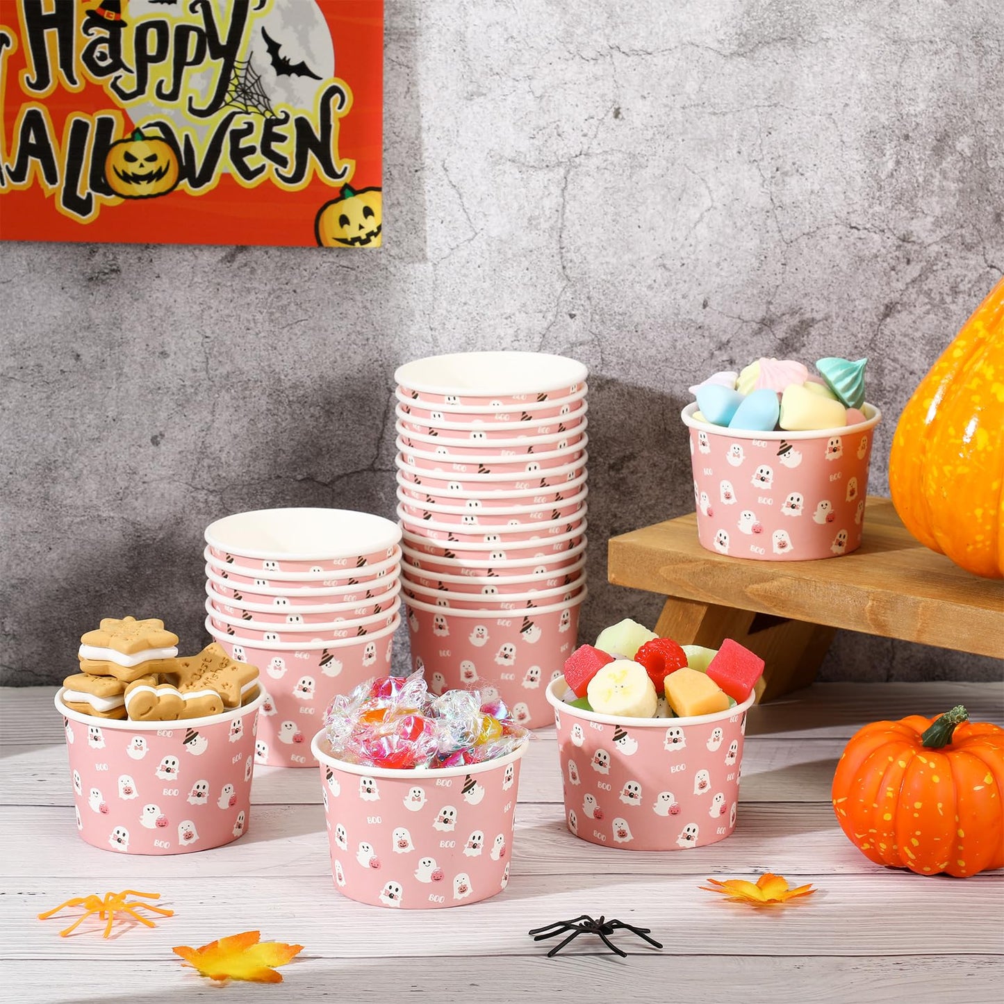 Spiareal 24 Pcs Halloween Bowls Pink Ghost Disposable Paper Bowls 9oz Halloween Treat Snack Cups Candy Dessert Ice Cream Party Cups for Holiday Table Decoration Party Favor Supplies