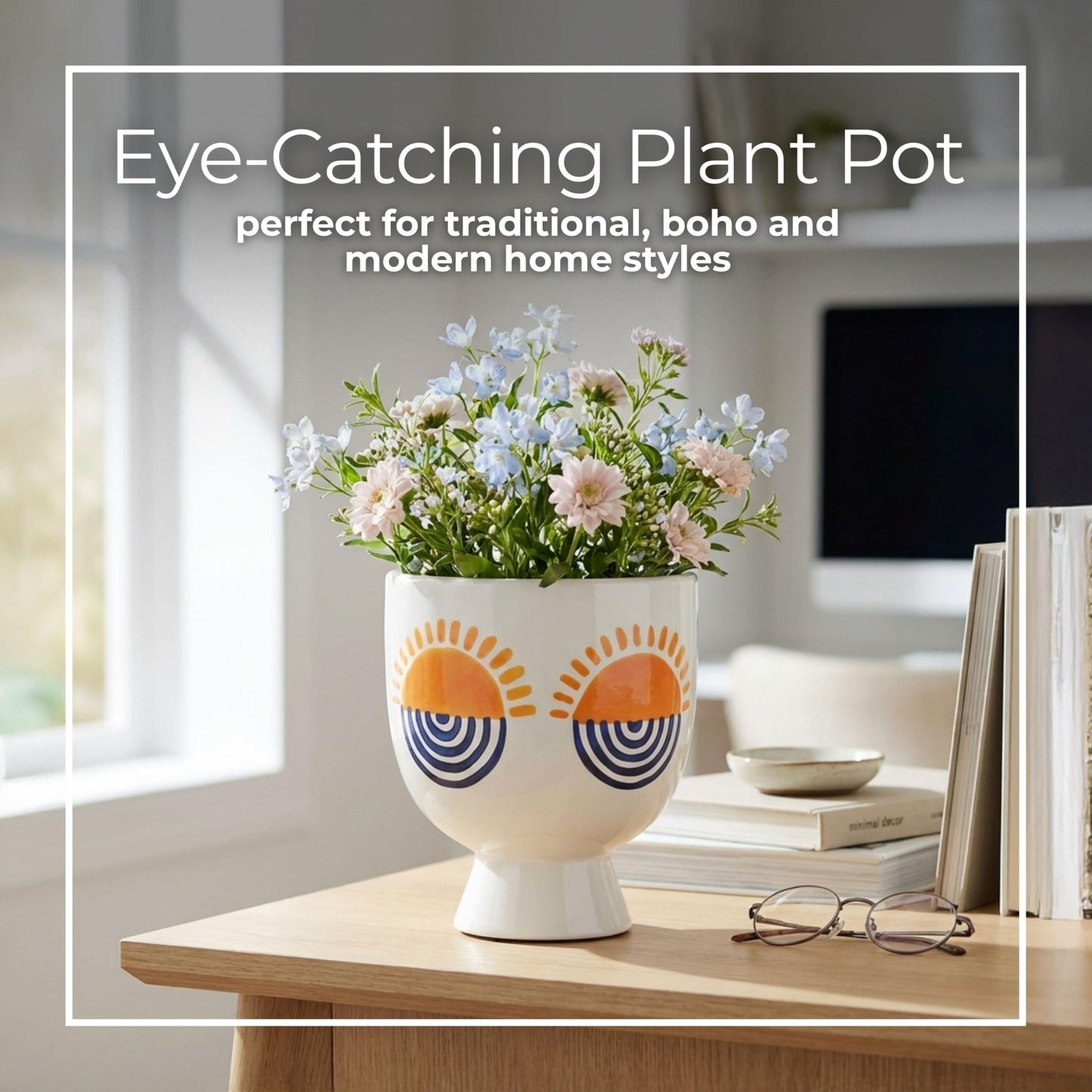 Sagebrook Home Boho Ceramic Planter with Pedestal Base - Hand-Painted Stoneware Plant Pot for Home & Garden - Modern Decorative Design - 7" White
