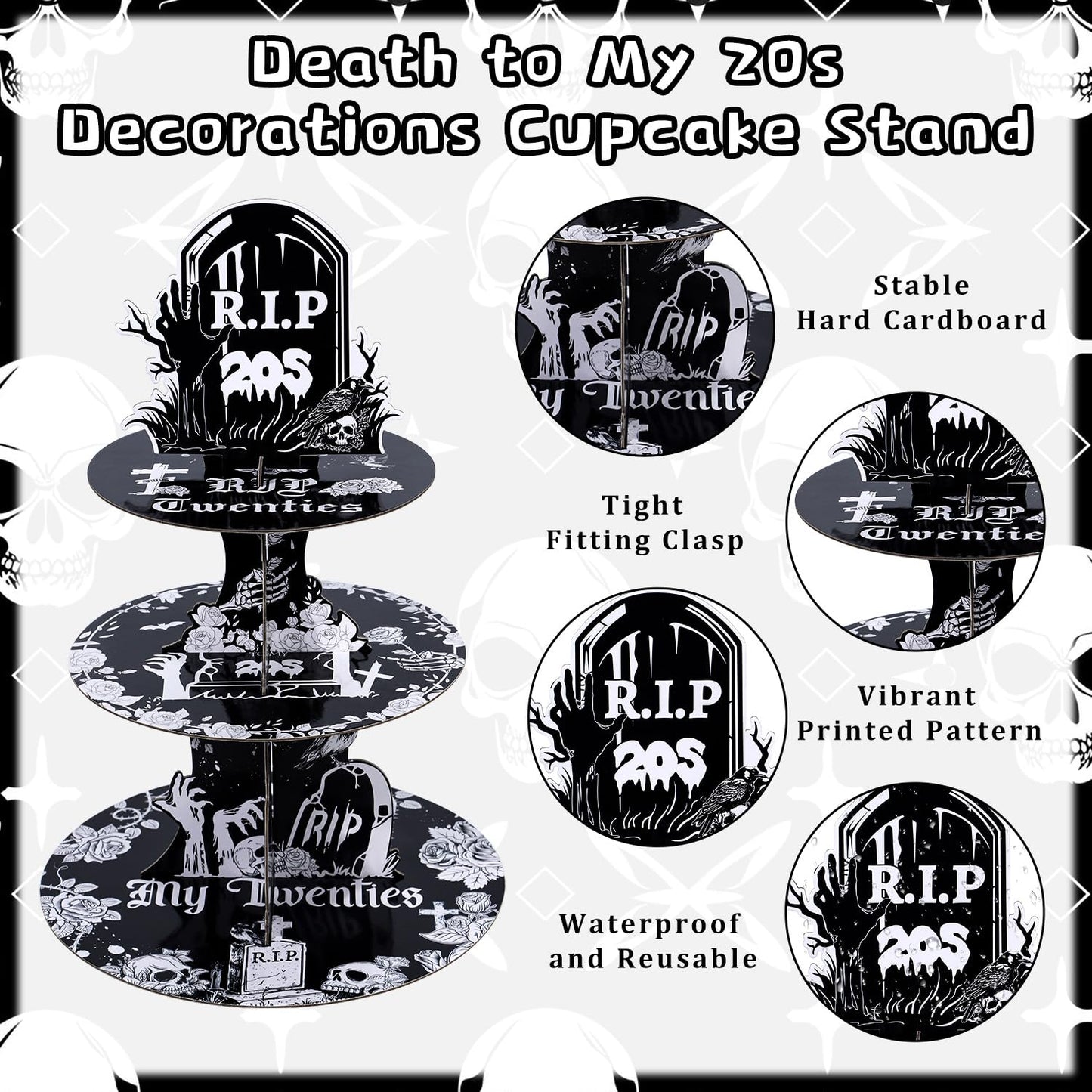 Keluna Death to My 20s Decorations - Party Supplies Rip to My 20s Birthday Decorations Reusable 3 Tier Cupcake Stand Dessert Tower Holder for Rip 20 Birthday Decorations