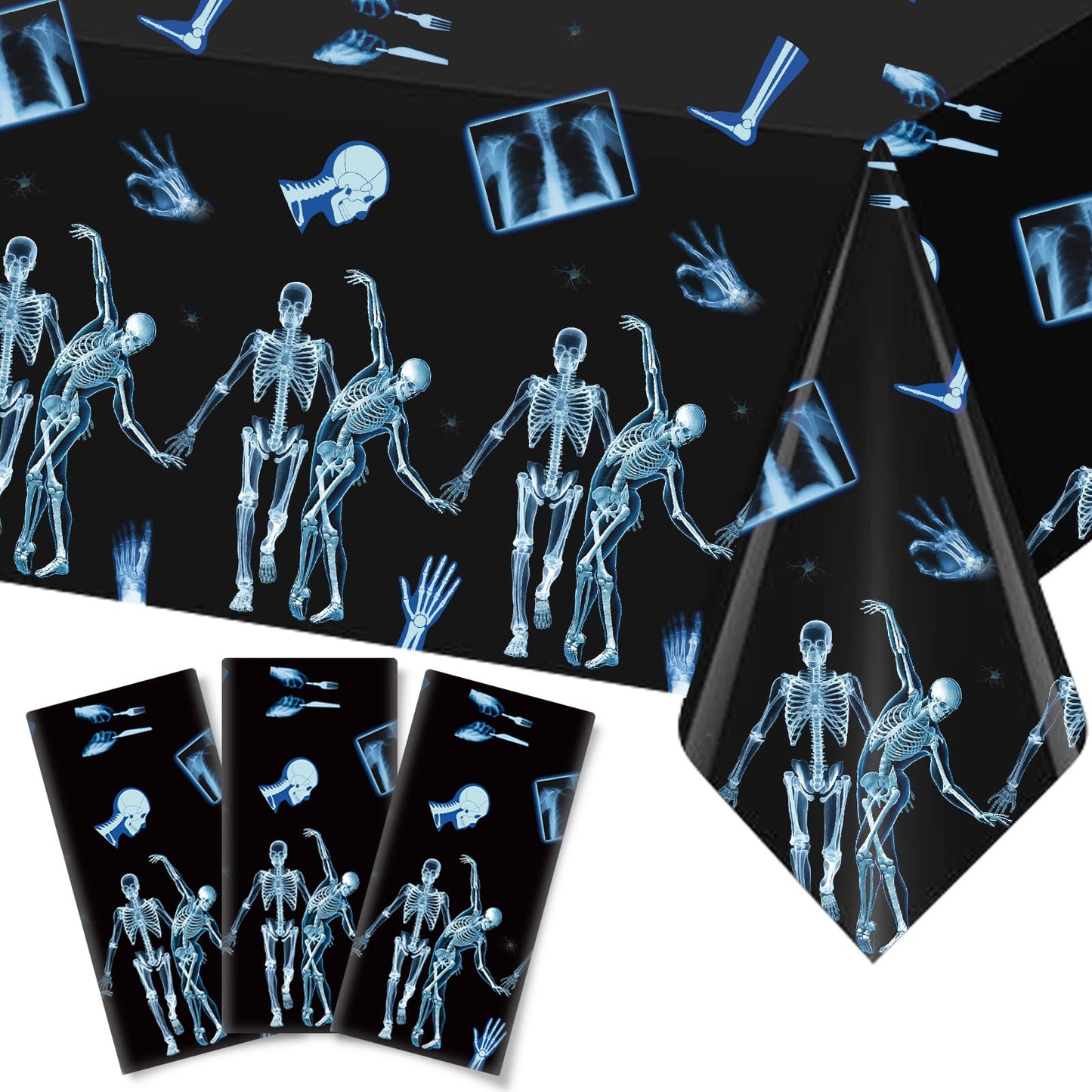 3 Pack Radiology X Ray Theme Disposable Tablecloths Halloween Funny Dancing Skeleton Table Cover Plastic Waterproof Table Cloth for Medical Party Radiology Doctor Birthday Graduation, 54 x 108 Inch