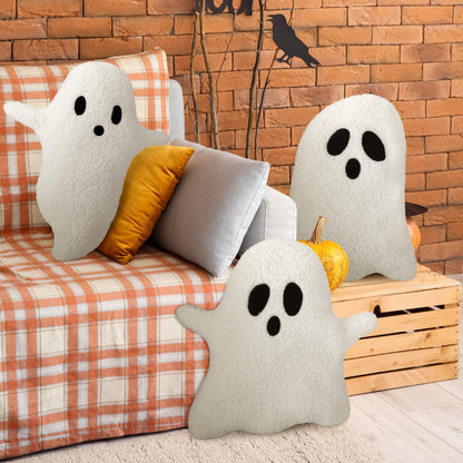 Soaoo 3 Pcs Halloween Pillows 12.6'' x 9.45'' Decorative Spooky Pillows for Sofa White Throw Pillows Decorative Plush Sofa Ghost Cushion for Indoors Home Outdoor Couch Kids