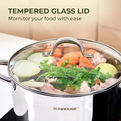 Sunhouse Stock Pot with Lid - 13 QT Large Pot for Cooking Pasta, Soup, Spaghetti - Impact Bonding Base Big Stainless Steel Pots for Canning, Boiling - Oven Safe & Induction Compatible Cookware