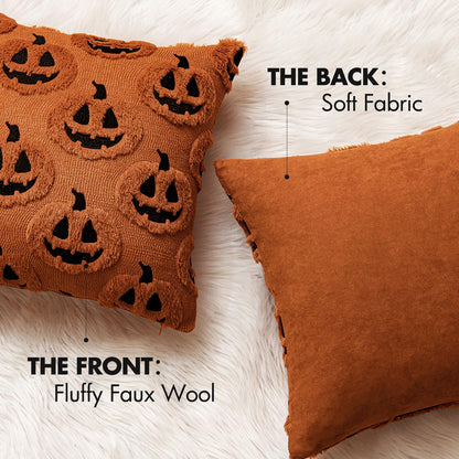 MIULEE 18x18 Inch Set of 2 Halloween White Ghost Decorative Soft Throw Pillows Bundle Rust Decorative Pumpkin Pattern Pillow Covers Plush Faux Fur Wool
