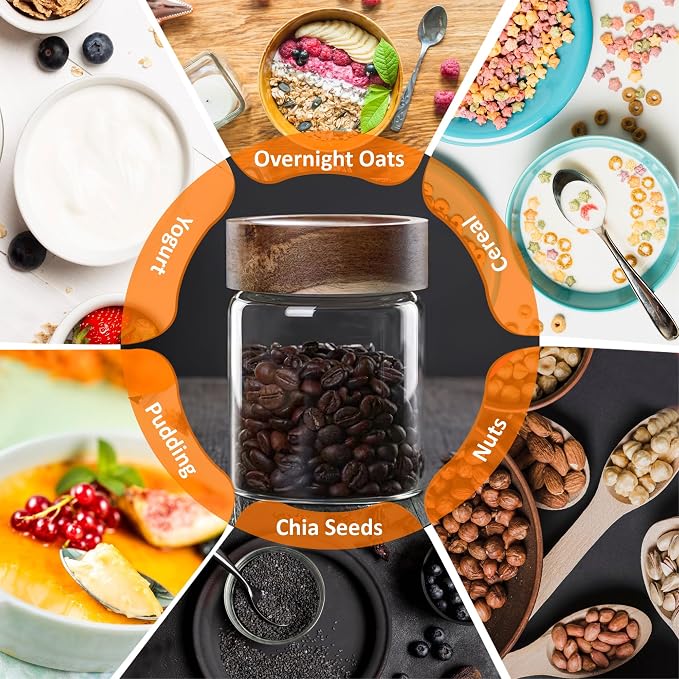 12 oz/350 ml Clear Glass Storage Canister with Airtight Wooden Lid, Small Overnight Oats Containers, Cute Decorative Salad Jar for Snacks Yogurt Spice Sugar Cereal Fruit Coffee Tea