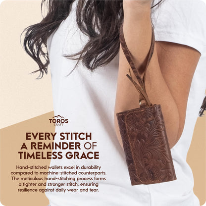 Toros Craft Handmade Wristlet Wallets for Women, Western Floral Leather Small Credit Card Holder with Zipper, Minimalist & Cute Coin Pouch, Genuine Leather, Dark Brown