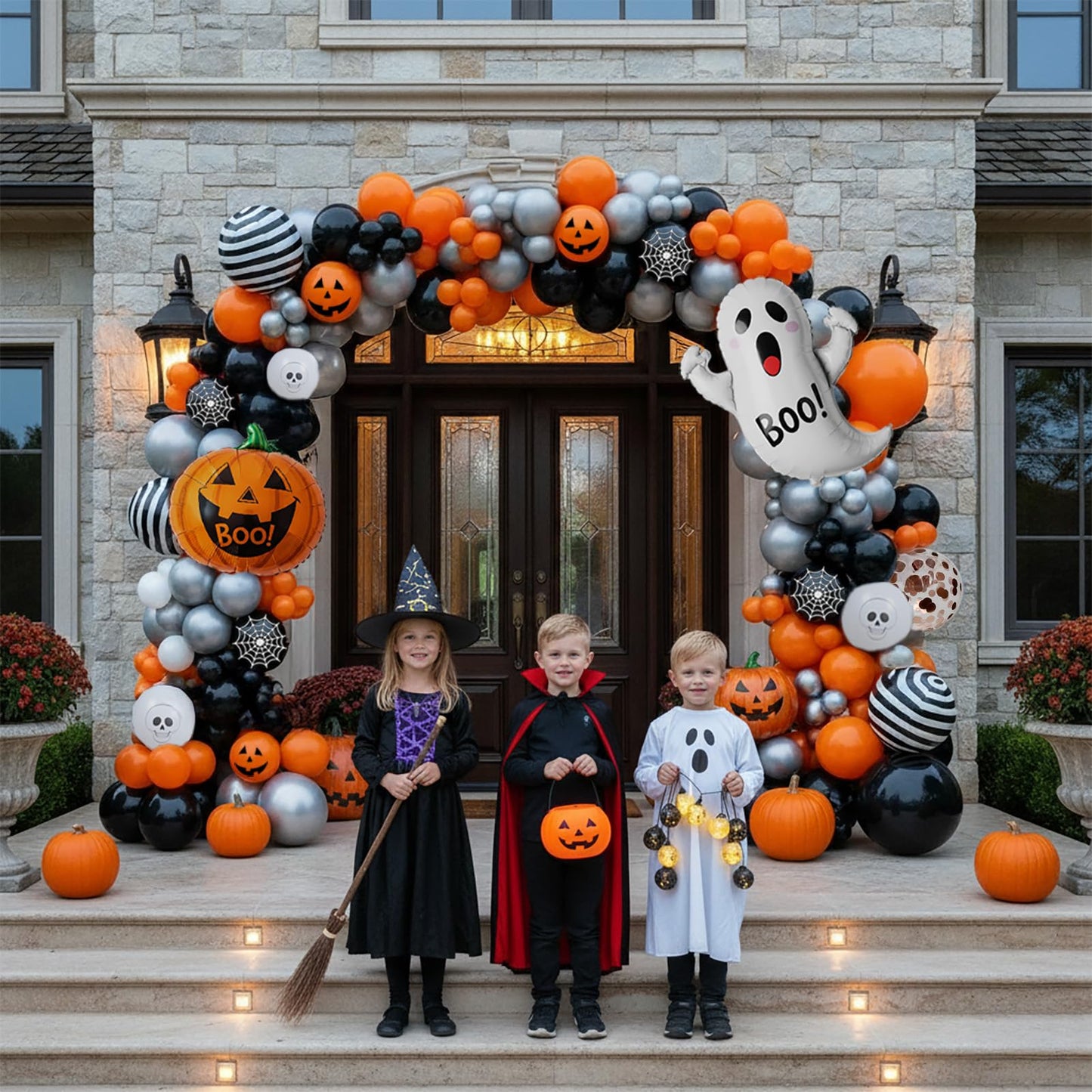 Summerween balloons arch kit Orange Black Silver ghosts print balloons and Pumpkin Monster mylar balloons forkid friendly halloween Birthday Spooky Theme Festival rick or Treat game Decorations