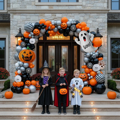 Summerween balloons arch kit Orange Black Silver ghosts print balloons and Pumpkin Monster mylar balloons forkid friendly halloween Birthday Spooky Theme Festival rick or Treat game Decorations