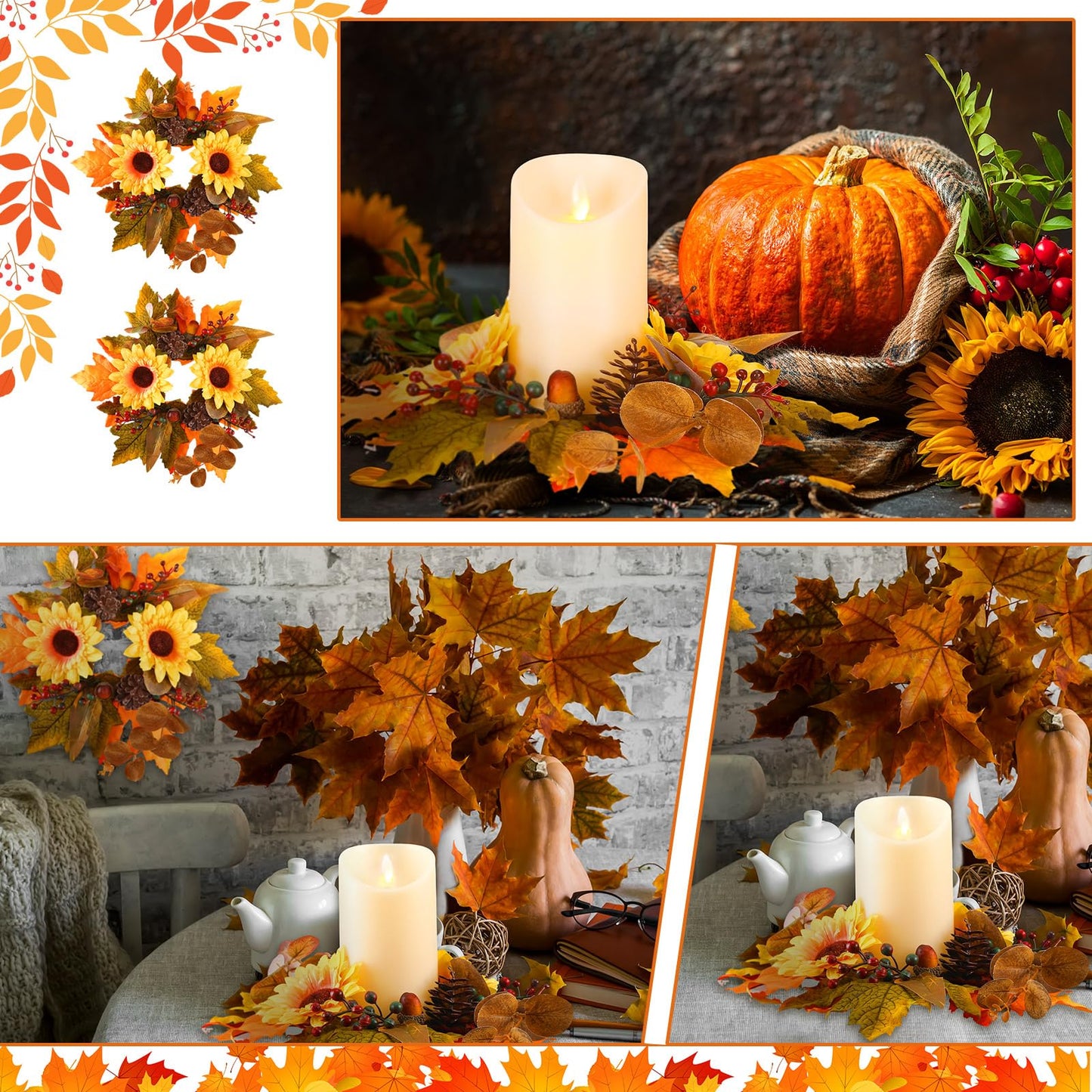 Ceenna 4 Pcs Thanksgiving Fall Candle Rings 3.7 Inch Center Fall Candle Rings Wreath Thanksgiving Autumn Decorative Artificial Maple Leaf Sunflowers Floral Holder Festival Holiday Party Decoration