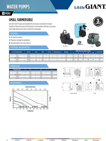 Little Giant #1 115 Volt, 1/150 HP, 205 GPH Direct Drive Small Submersible Fountain Pump with 6-foot cord, Black, 501004