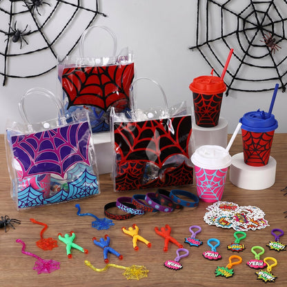 Lzuhoa 122 Pcs Spider Party Favors Birthday Decorations Includes 12 Spider Goodie Bags 12 Party Cups with Lids and Straws, 12 Keychains, 12 Bracelets, 50 Stickers, 24 Spider Goodie Bags Stuffers