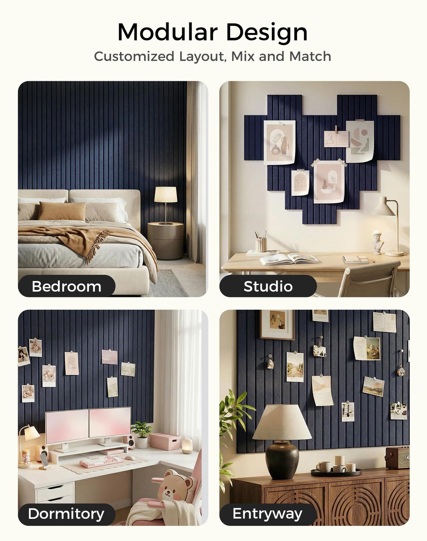 Aothia 12-Pack Felt Bulletin Board Tiles 48"x36", Modular Pin Board for Smooth Walls, Cork Board Alternative for Notes & Photos, 0.35" Thick, 70 Adhesive Tabs & 40 Pins, Navy Blue