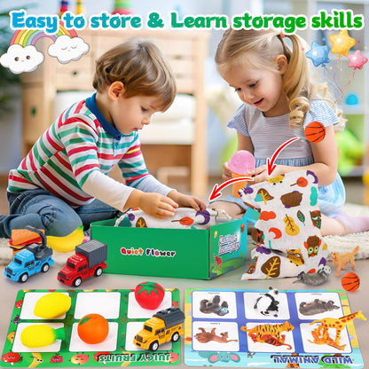 Quiet Flower 59 Pcs Sorting Toys for Toddlers 3-5, Dinosaur & Vehicle Matching Game with Flashcards, Sensory Educational Materials for Autism & Speech Development, Preschool Fine Motor Activities Gift