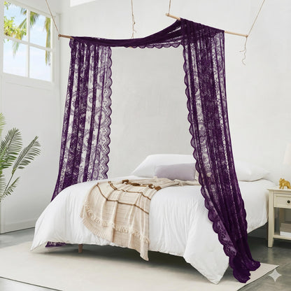 NOIR GOTHIC DECOR 55 x 144 Inch Purple Lace Canopy Bed Curtains are Perfect for Twin Bed Canopy to Create Light Bedroom Decor, Gothic Bedroom Decor or Halloween Room Decorations. LEC Purple Canopy 144