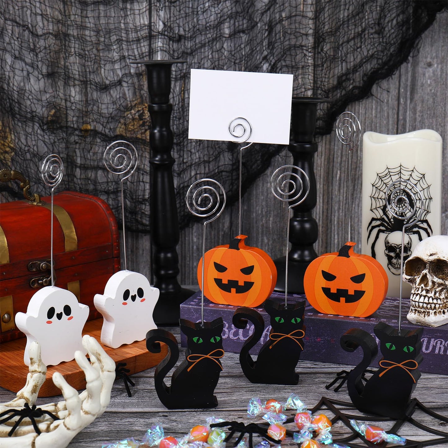 Whaline 12 Pcs Halloween Wooden Place Card Holders Ghost Pumpkin Black Cat Table Number Holder Display Stand for Party Home Office Table Setting Supplies