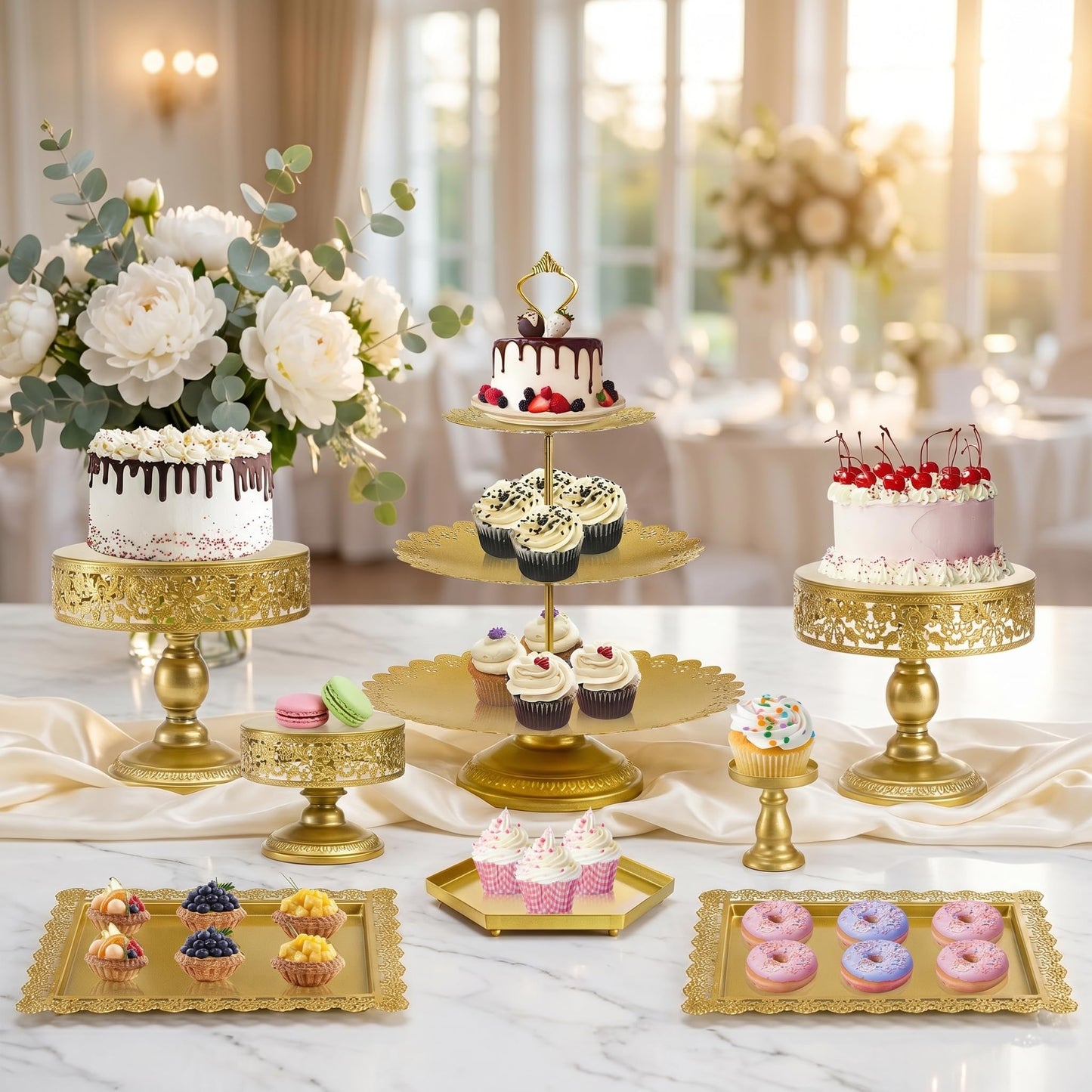 Jucoan 10 Pieces Gold Metal Cake Stand Set, Cupcake Holder Pastry Candy Fruits Serving Plate, Gold Dessert Table Stands and Trays Set for Wedding Birthday Baby Shower Bridal Shower Tea Party
