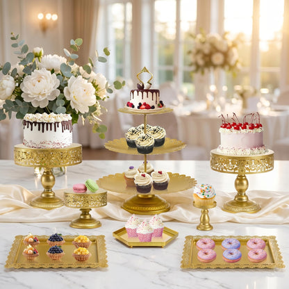 Jucoan 10 Pieces Gold Metal Cake Stand Set, Cupcake Holder Pastry Candy Fruits Serving Plate, Gold Dessert Table Stands and Trays Set for Wedding Birthday Baby Shower Bridal Shower Tea Party
