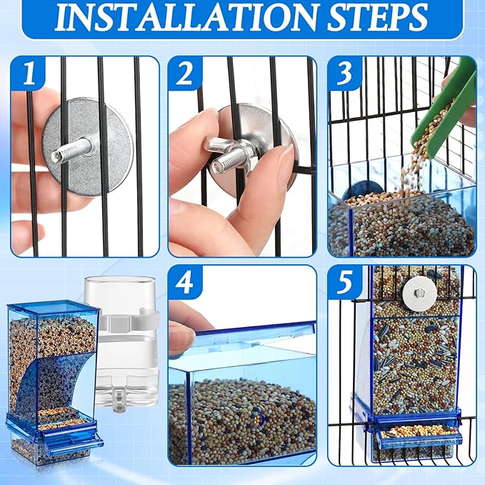 Novabright 7 Pcs No Mess Bird Feeder Water Dispenser Set Include Automatic Parakeet Feeder and Drinker with Bird Paw Grinding Stick Cage Accessories for Small Medium Cockatiel Lovebird(Classic,Blue)