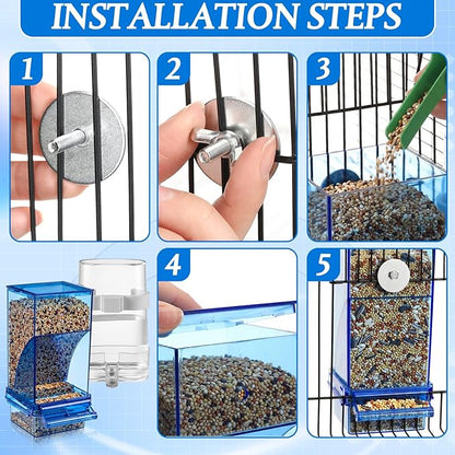 Novabright 7 Pcs No Mess Bird Feeder Water Dispenser Set Include Automatic Parakeet Feeder and Drinker with Bird Paw Grinding Stick Cage Accessories for Small Medium Cockatiel Lovebird(Classic,Blue)