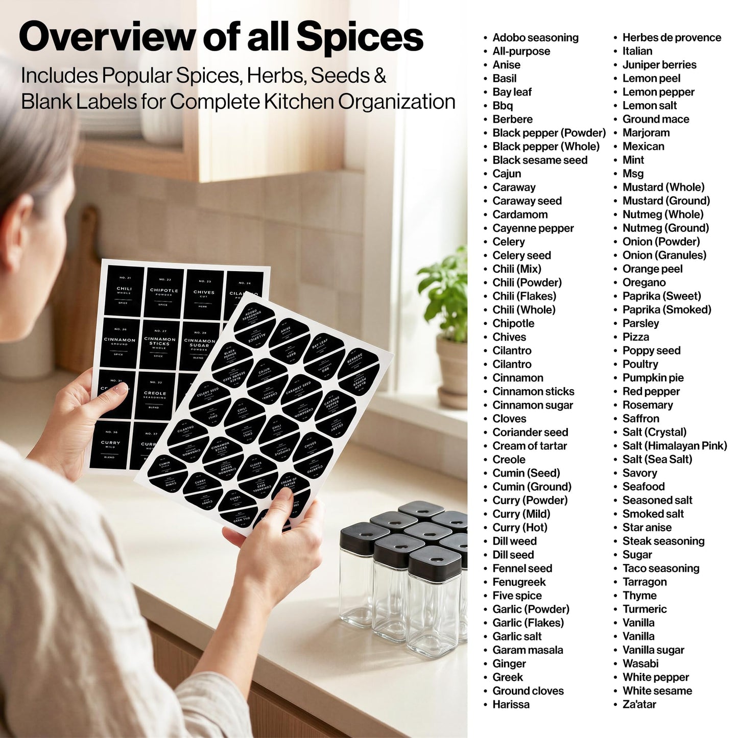 EDELHAUS Square Glass Spice Jars with Label and Black Rotating Lids (24 x 4oz) Spice Containers with 240 Labels, Shaker Inserts, Silicone Funnel, Empty Square Empty Square Seasoning Organizer