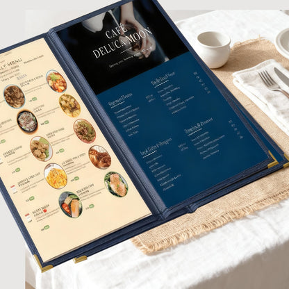 12 Pcs Blue Menu Covers, 8.5x14 Legal Size, 2 Page 4 View menu Holder, Toothed Metal Corners, Waterproof & Scratch-Resistant PVC Leatherette Menu Sleeves.Ideal Menu Book for Restaurants, Cafes