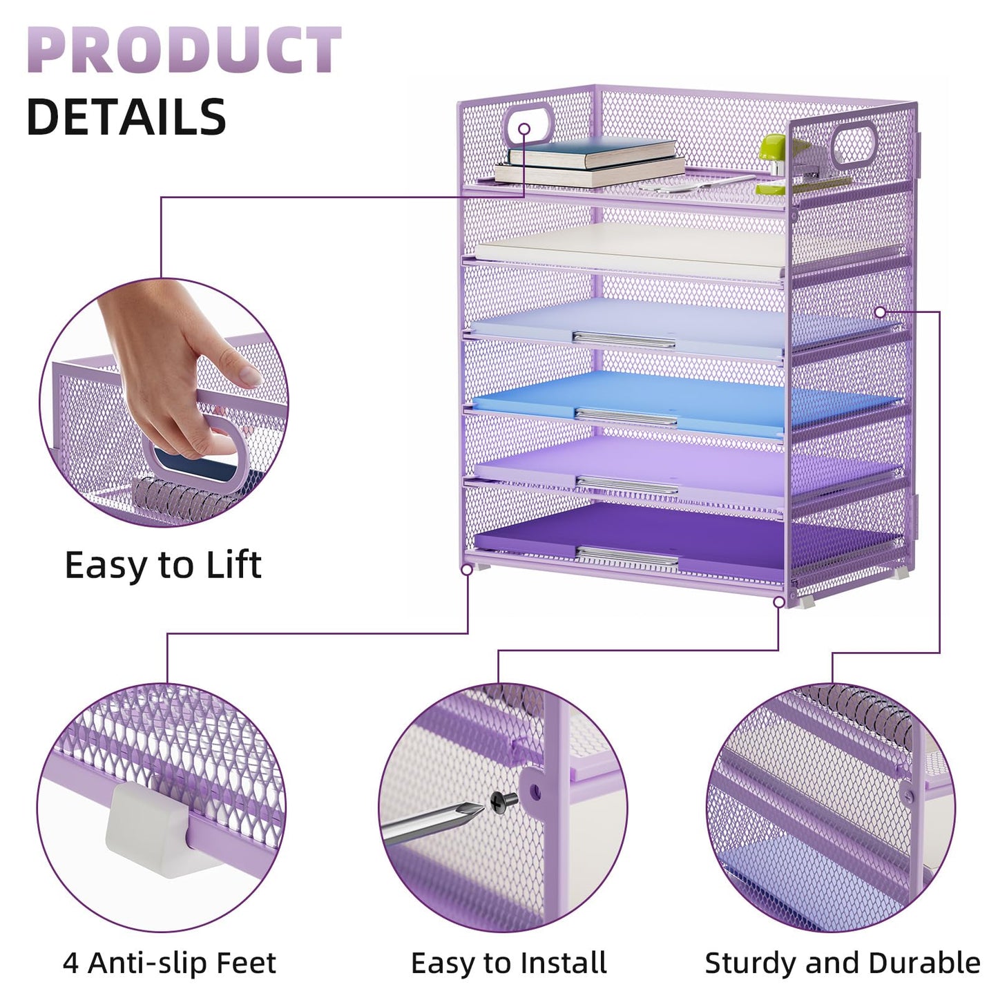 Marbrasse 6 Tier Paper Organizer Letter Tray - Mesh Desk File Organizer with Handle, Paper Sorter for Letter/A4 Office File Folder Holder - Purple