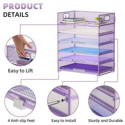 Marbrasse 6 Tier Paper Organizer Letter Tray - Mesh Desk File Organizer with Handle, Paper Sorter for Letter/A4 Office File Folder Holder - Purple
