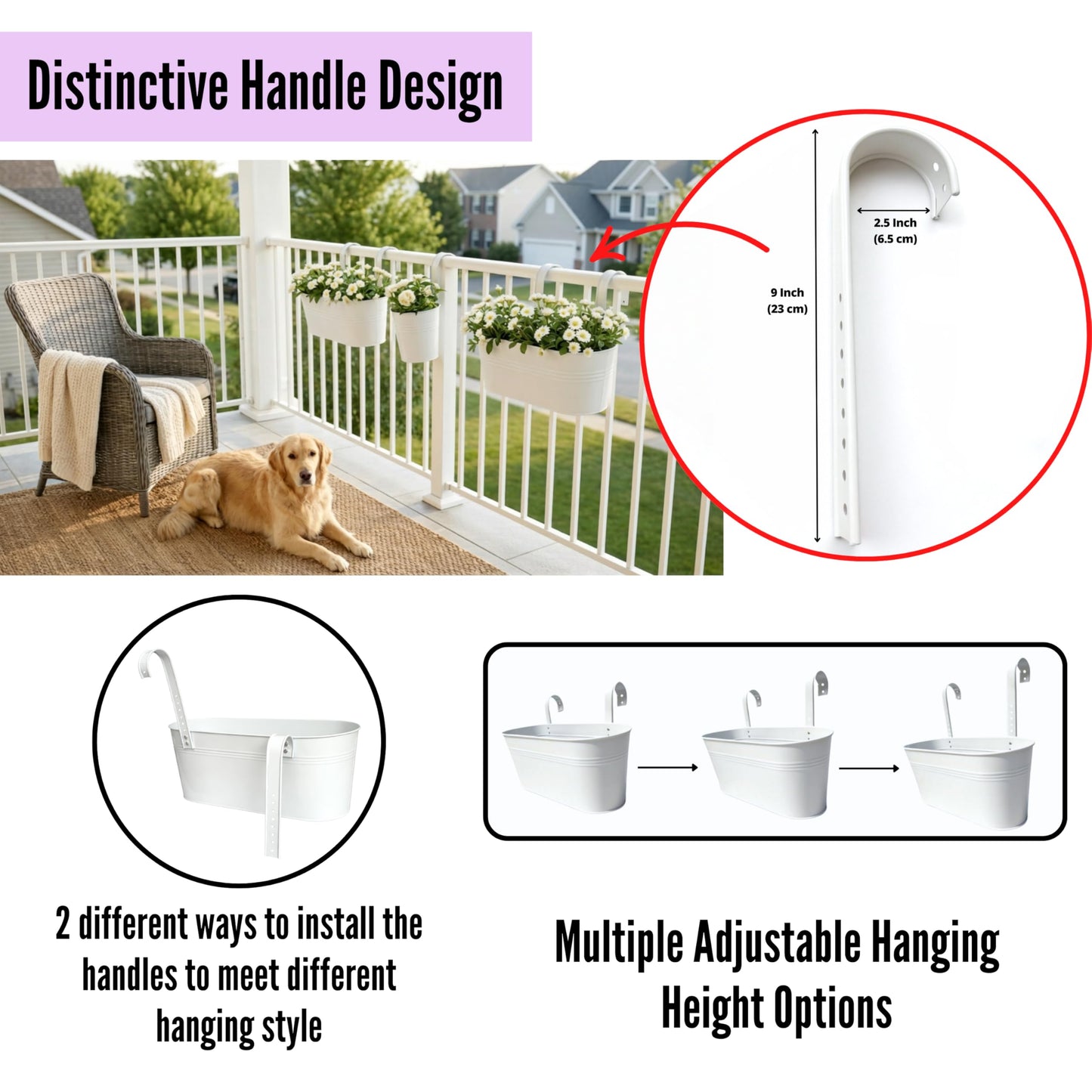 LaLaGreen 17 Inch Rail Planter (8-PIECE COMBO SET) White Large Metal Hanging Railing Fence Flower Pots, Modern Balcony Gardening for Apartment Garden Style Iron Patio Planters Outdoor Deck Decorations
