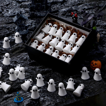 Lunmon 50 Pcs Mini Ghosts Bulks,Small Cute White PVC Ghost Figurines, Tiny Halloween Miniatures for Spooky Tiered Tray Decor, Home Tabletop Shelf Centerpieces Party Favors,1.49 inch