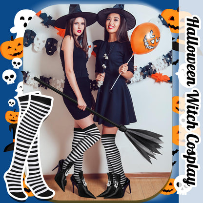 Vicenpal 3 Pcs Halloween Witch Costume Accessories Witch Broom Shoe Covers Socks Broomstick for Women Cosplay Party(Black White)