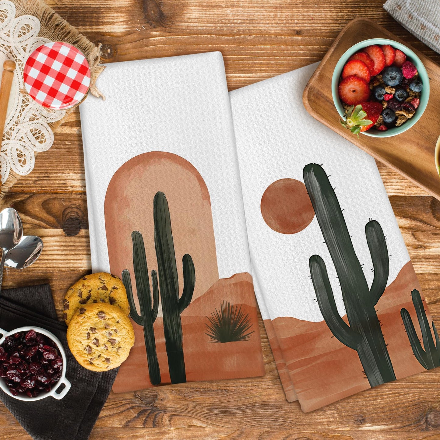 GWFSJYU Boho Southwest Cactus Kitchen Towels Set of 2, Vinatge Western Dish Tea Towels for Kitchen, Southwestern Boho Sun Decorative Hand Towel for Bathroom, Western Bathroom Decor, 16x24 Inch