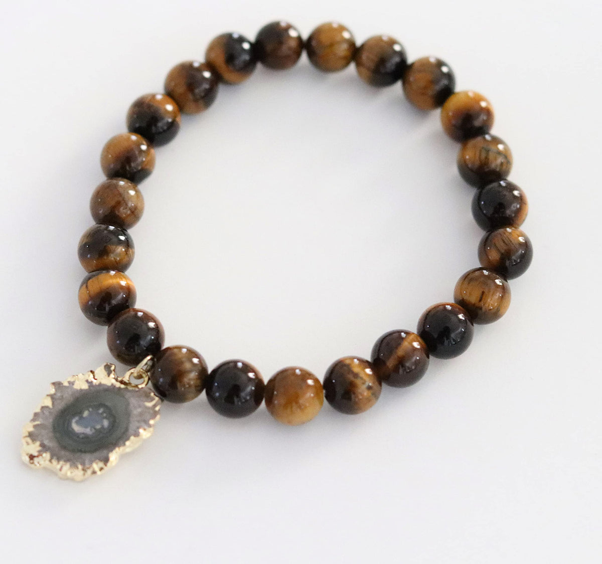 T. VICTORIA - Brown Natural Tiger Eye Protection Prosperity Stalactite Charm Healing Crystal Gemstone Beaded Stretch Statement Bracelet 7"