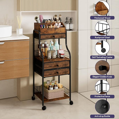 SWTYMIKI Rolling Makeup Organizer Cart - Floor Skincare Storage with Non-woven Drawers, Vanity Organizer Cosmetic Display Cases with Wheels, Cabinet for Skin Care Perfume Nail Polish Brush Hair Tool