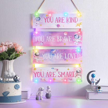 4 Pcs Space Room Decor for Kids Girls Pink Space Wall Art Bedroom Decor with Light and Remote Nursery Classroom Astronaut Galaxy Posters Spaceman Wood Sign Be Brave and Be Kind for Baby Girls