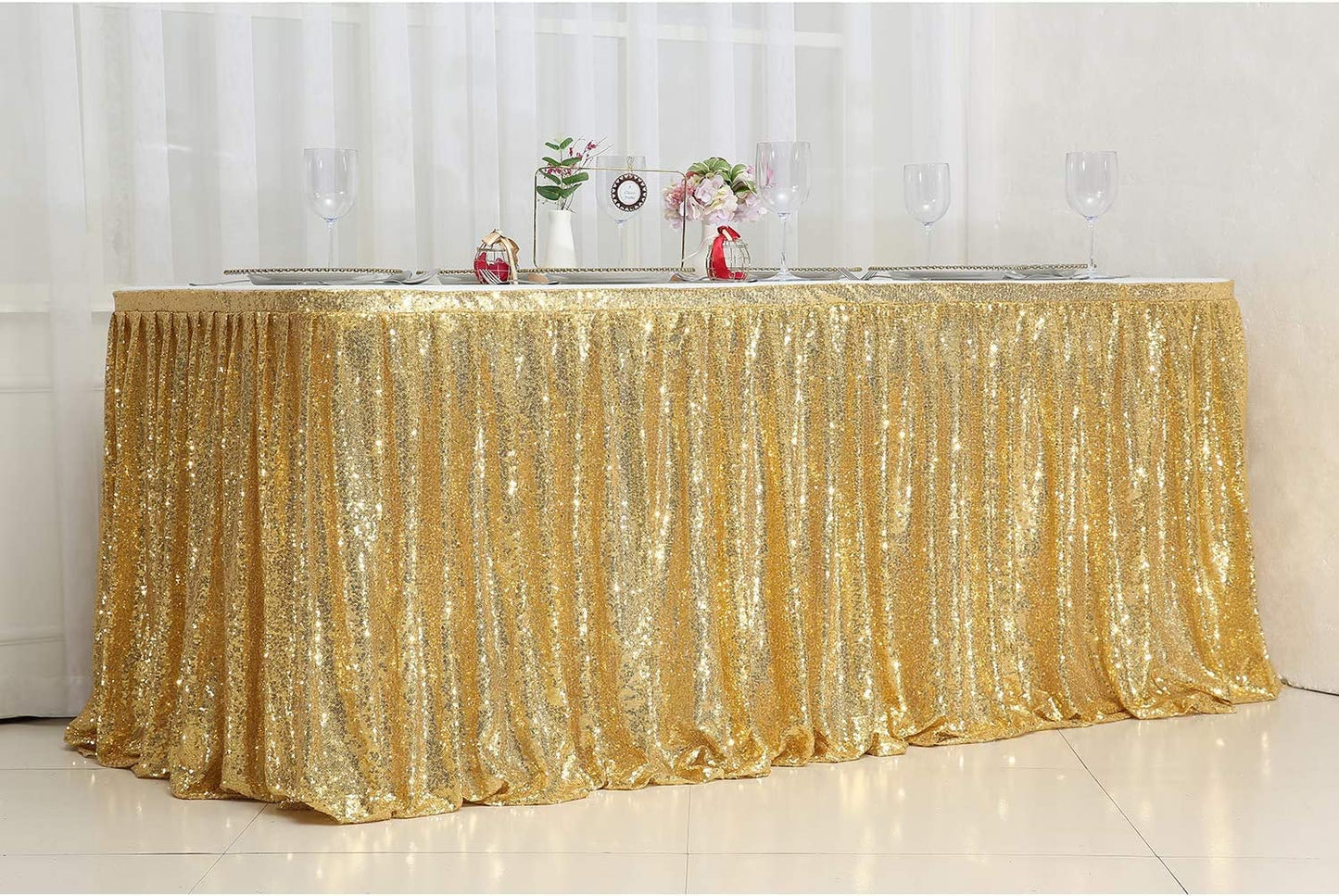 PartyDelight Sequin Table Skirt 9ft Gold for Round/Rectangle/SquareTables for Birthday Party Wedding Christmas