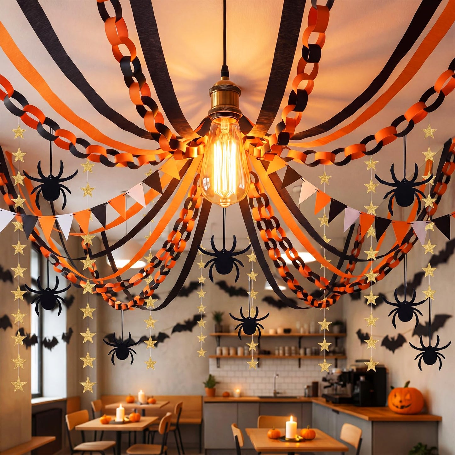 Epakh Halloween Ceiling Decorations Black and Orange Paper Chain Garland Gold Star Curtains Spider Hanging Decor Crepe Paper Streamer Banner for Halloween Party Haunted House Classroom Decor