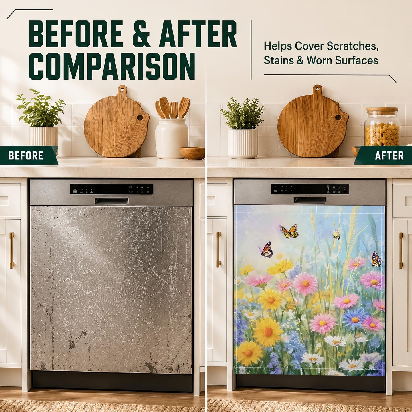Butterfly Flowers Dishwasher Magnet Cover,Waterproof Appliance Door Cover for Holiday Kitchen Decor,Housewarming Gifts, Refrigerator Magnet Decal Panels 23"x26"