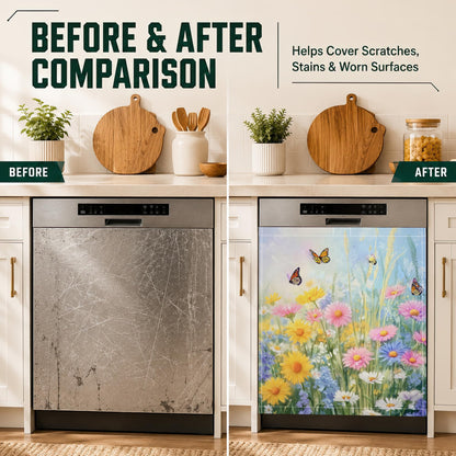 Butterfly Flowers Dishwasher Magnet Cover,Waterproof Appliance Door Cover for Holiday Kitchen Decor,Housewarming Gifts, Refrigerator Magnet Decal Panels 23"x26"